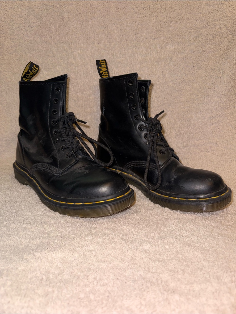 Dr. Martens Black 8-Eye Leather Lace-Up Boots with Yellow Stitching